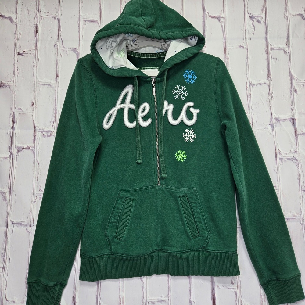 Y2K Aeropostale Womens Green Snowflake Quarter Zip Hoodie Sweatshirt Large Green
